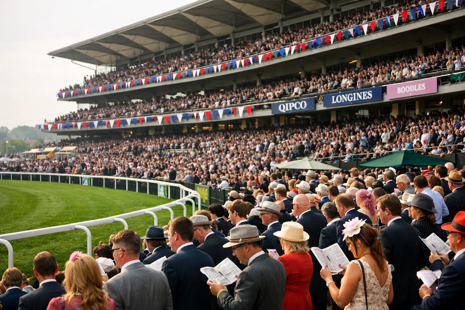 Racegoers at Doncaster Racecourse on St Leger Festival day with packed grandstands